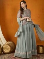 Grey Faux Georgette Lehenga with Kurta & Lace Dupatta