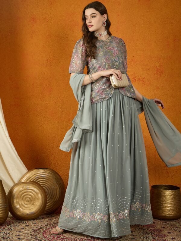 Grey Faux Georgette Lehenga with Kurta & Lace Dupatta