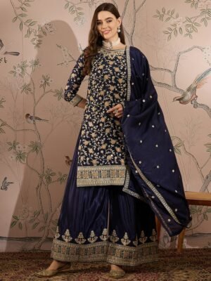 Blue Embroidered Chinon Straight Kurta Palazzo Set with Dupatta