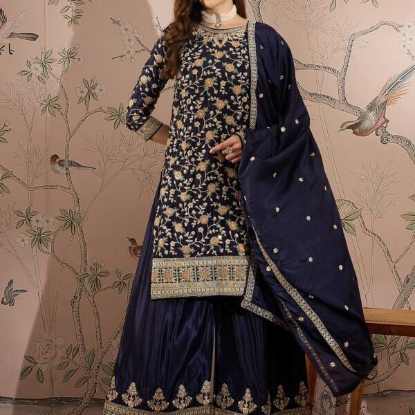 Blue Embroidered Chinon Straight Kurta Palazzo Set with Dupatta