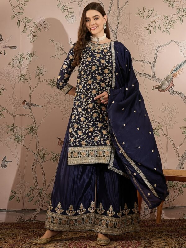 Blue Embroidered Chinon Straight Kurta Palazzo Set with Dupatta