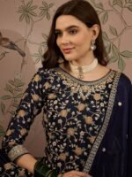 Blue Embroidered Chinon Straight Kurta Palazzo Set with Dupatta