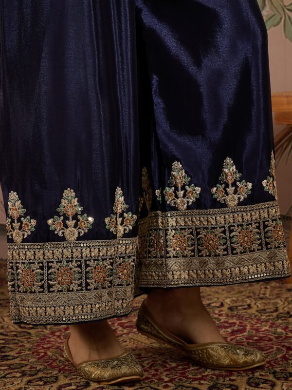 Blue Embroidered Chinon Straight Kurta Palazzo Set with Dupatta