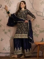 Blue Embroidered Chinon Straight Kurta Palazzo Set with Dupatta