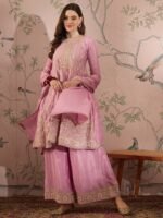 Light Pink Chinon Anarkali Kurta Palazzo Set with Embroidered Dupatta