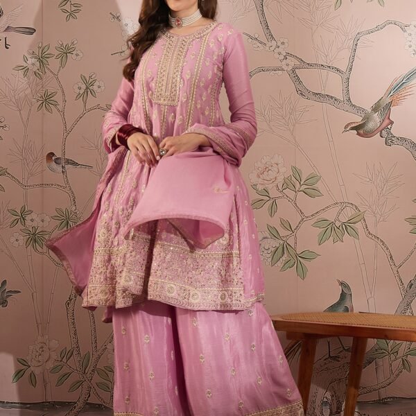 Light Pink Chinon Anarkali Kurta Palazzo Set with Embroidered Dupatta