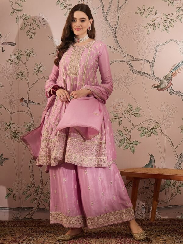 Light Pink Chinon Anarkali Kurta Palazzo Set with Embroidered Dupatta