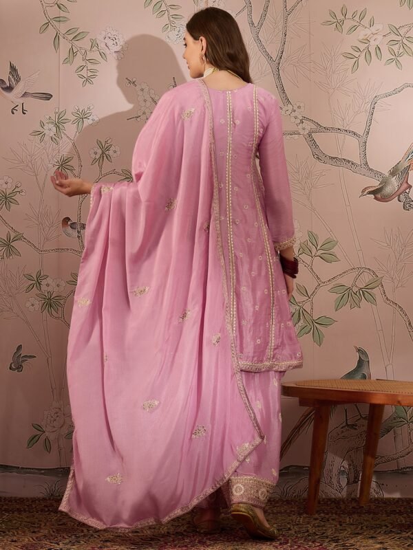 Light Pink Chinon Anarkali Kurta Palazzo Set with Embroidered Dupatta