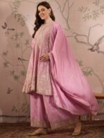 Light Pink Chinon Anarkali Kurta Palazzo Set with Embroidered Dupatta