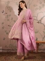 Light Pink Chinon Anarkali Kurta Palazzo Set with Embroidered Dupatta