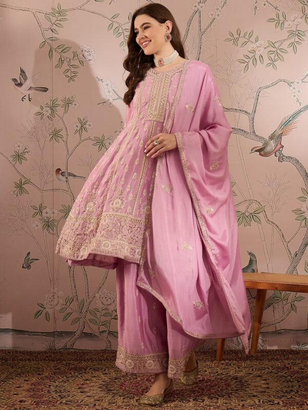 Light Pink Chinon Anarkali Kurta Palazzo Set with Embroidered Dupatta