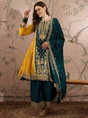 Yellow Chinon Anarkali Kurta Palazzo Set with Embroidered Dupatta