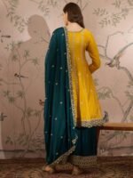 Yellow Chinon Anarkali Kurta Palazzo Set with Embroidered Dupatta