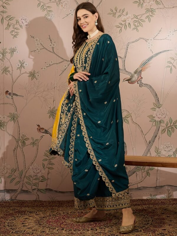 Yellow Chinon Anarkali Kurta Palazzo Set with Embroidered Dupatta