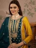 Yellow Chinon Anarkali Kurta Palazzo Set with Embroidered Dupatta