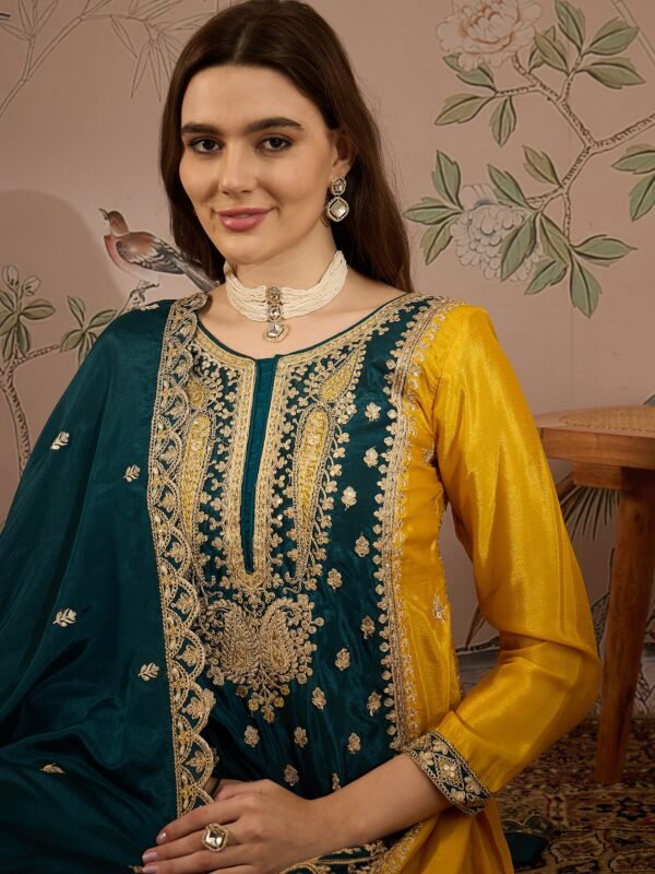 Yellow Chinon Anarkali Kurta Palazzo Set with Embroidered Dupatta