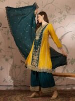 Yellow Chinon Anarkali Kurta Palazzo Set with Embroidered Dupatta