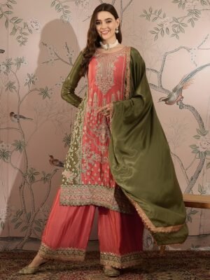 Peach Chinon Straight Kurta Palazzo Set with Embroidered Dupatta