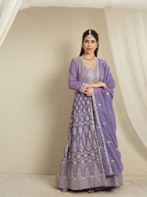 Light Purple Faux Georgette Anarkali Kurta with Lehenga & Dupatta