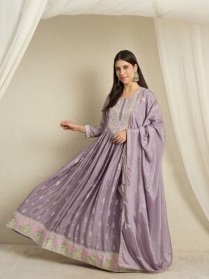 Purple Chinon Anarkali Gown with Embroidered Dupatta – Full Length