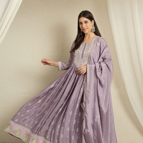 Purple Chinon Anarkali Gown with Embroidered Dupatta – Full Length