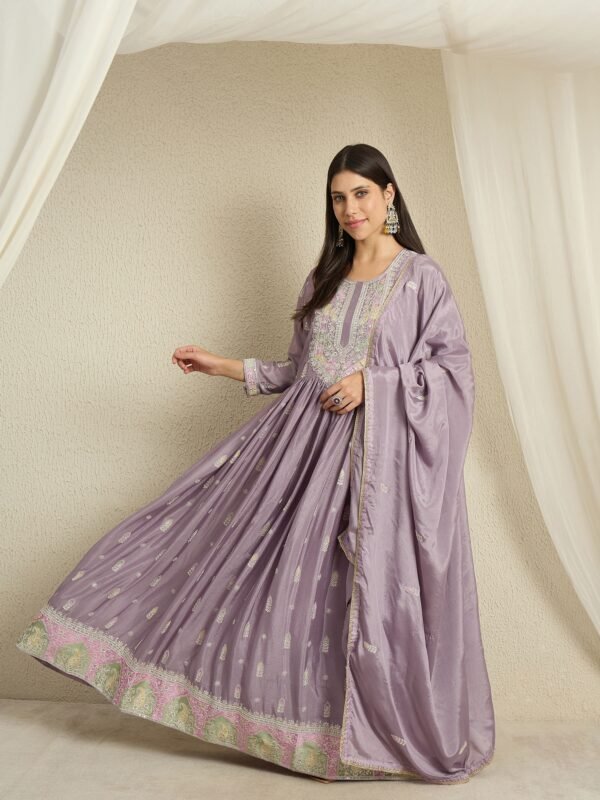 Purple Chinon Anarkali Gown with Embroidered Dupatta – Full Length