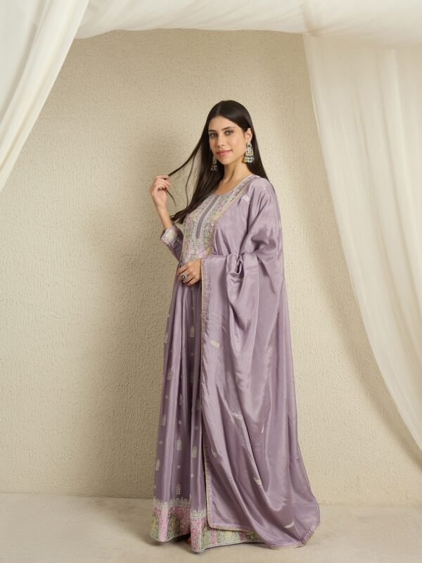 Purple Chinon Anarkali Gown with Embroidered Dupatta – Full Length