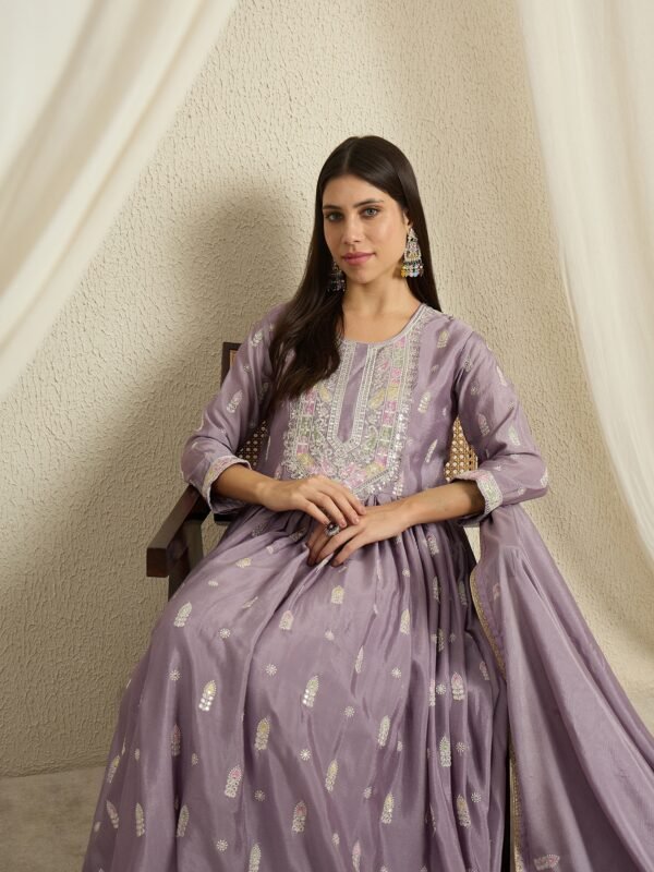 Purple Chinon Anarkali Gown with Embroidered Dupatta – Full Length