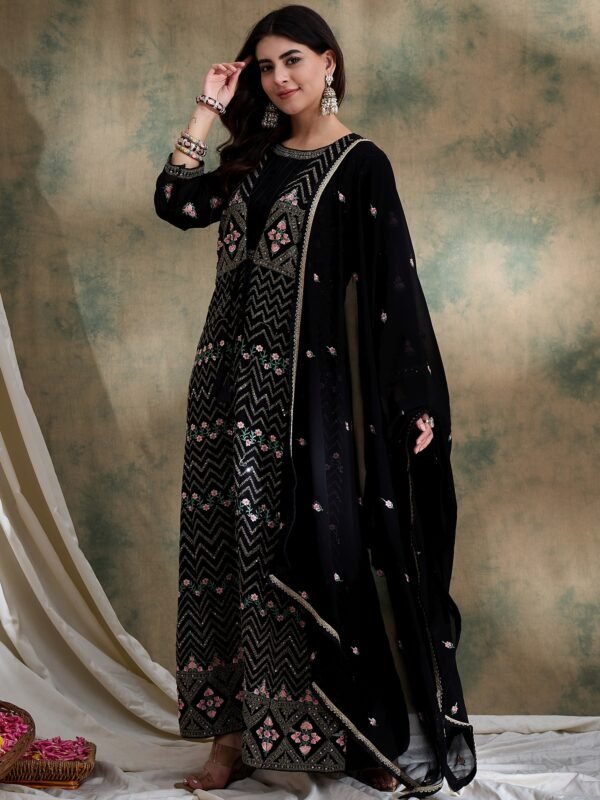 Black Anarkali Gown with Jacket and Embroidered Dupatta – Full Length