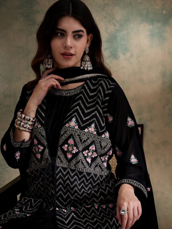 Black Anarkali Gown with Jacket and Embroidered Dupatta – Full Length