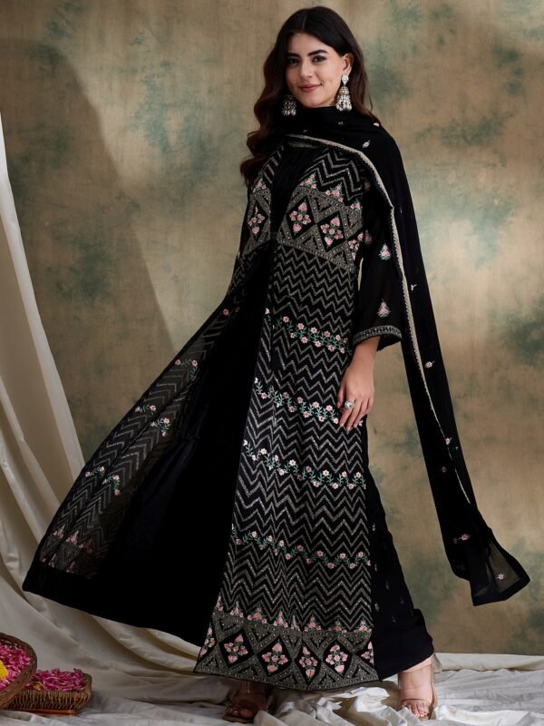 Black Anarkali Gown with Jacket and Embroidered Dupatta – Full Length
