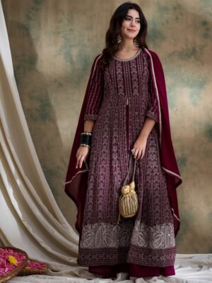 Purple Embroidered Anarkali Kurta Lehenga Set with Lace Dupatta