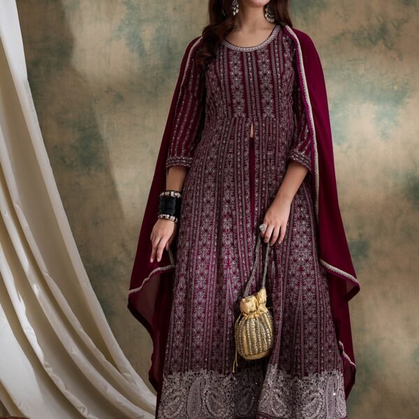 Purple Embroidered Anarkali Kurta Lehenga Set with Lace Dupatta
