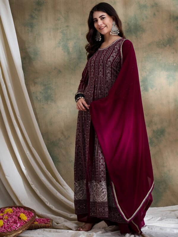 Purple Embroidered Anarkali Kurta Lehenga Set with Lace Dupatta