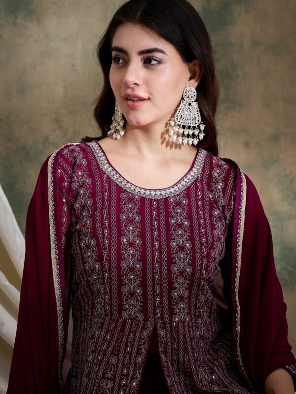 Purple Embroidered Anarkali Kurta Lehenga Set with Lace Dupatta