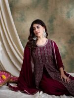 Purple Embroidered Anarkali Kurta Lehenga Set with Lace Dupatta