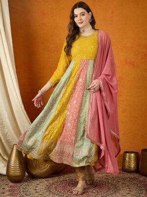Yellow Faux Georgette Embroidered Anarkali Gown with Dupatta
