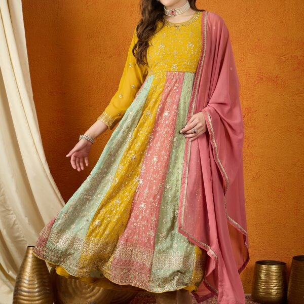 Yellow Faux Georgette Embroidered Anarkali Gown with Dupatta