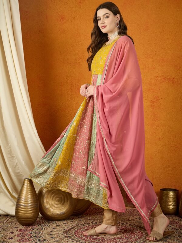 Yellow Faux Georgette Embroidered Anarkali Gown with Dupatta