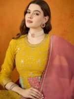 Yellow Faux Georgette Embroidered Anarkali Gown with Dupatta