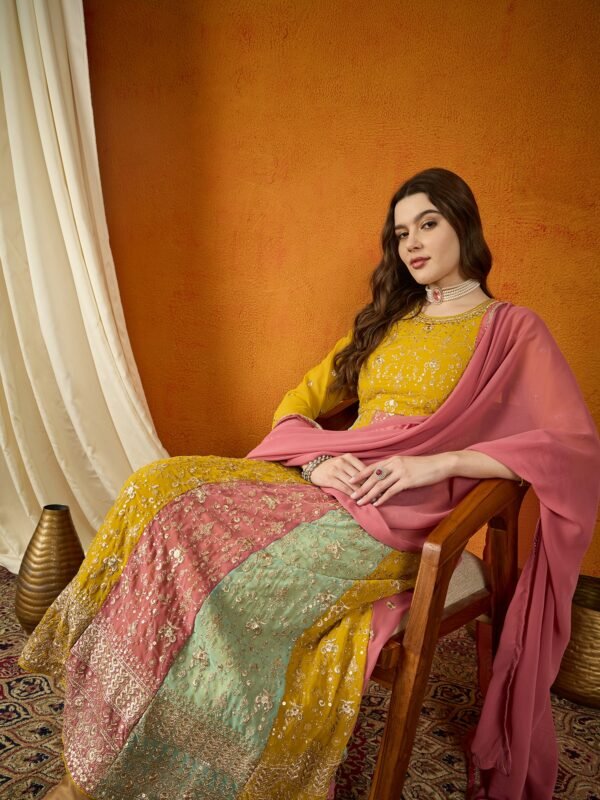 Yellow Faux Georgette Embroidered Anarkali Gown with Dupatta