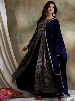Blue Chinon Embroidered Anarkali Kurta with Lehenga & Dupatta