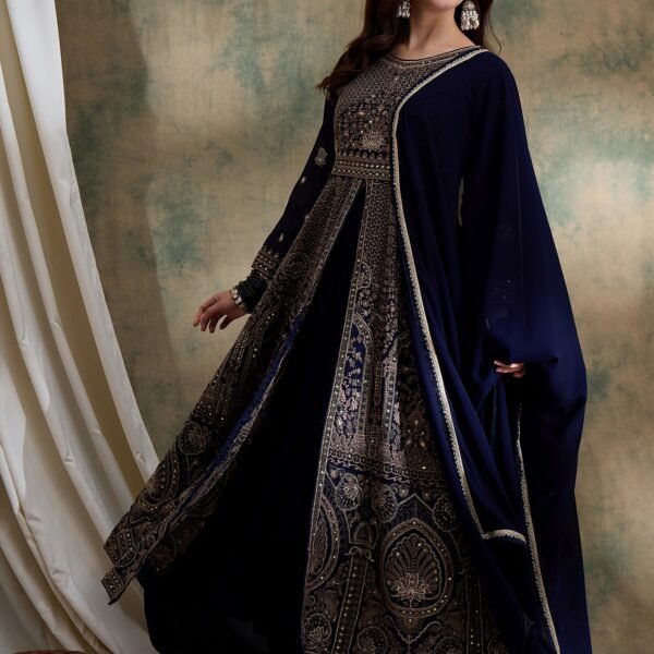 Blue Chinon Embroidered Anarkali Kurta with Lehenga & Dupatta