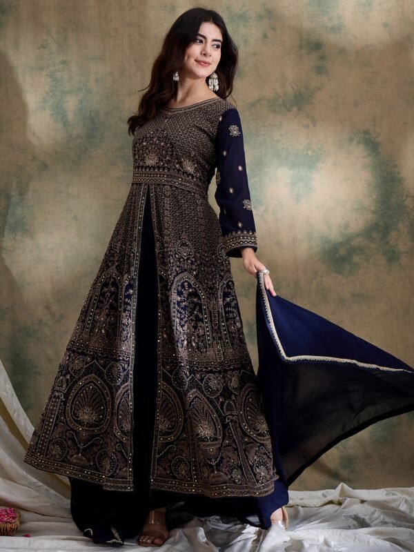 Blue Chinon Embroidered Anarkali Kurta with Lehenga & Dupatta
