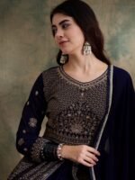 Blue Chinon Embroidered Anarkali Kurta with Lehenga & Dupatta