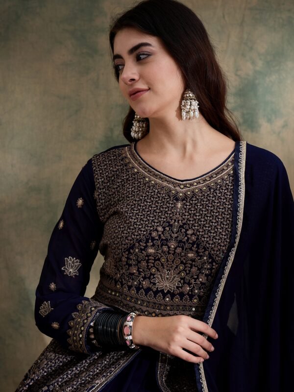 Blue Chinon Embroidered Anarkali Kurta with Lehenga & Dupatta