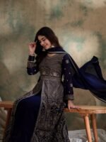 Blue Chinon Embroidered Anarkali Kurta with Lehenga & Dupatta