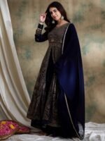 Blue Chinon Embroidered Anarkali Kurta with Lehenga & Dupatta