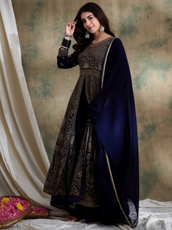 Blue Chinon Embroidered Anarkali Kurta with Lehenga & Dupatta