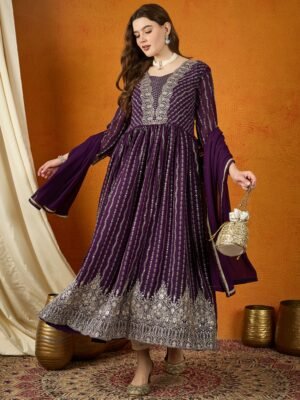 Purple Faux Georgette Embroidered Anarkali Gown with Dupatta